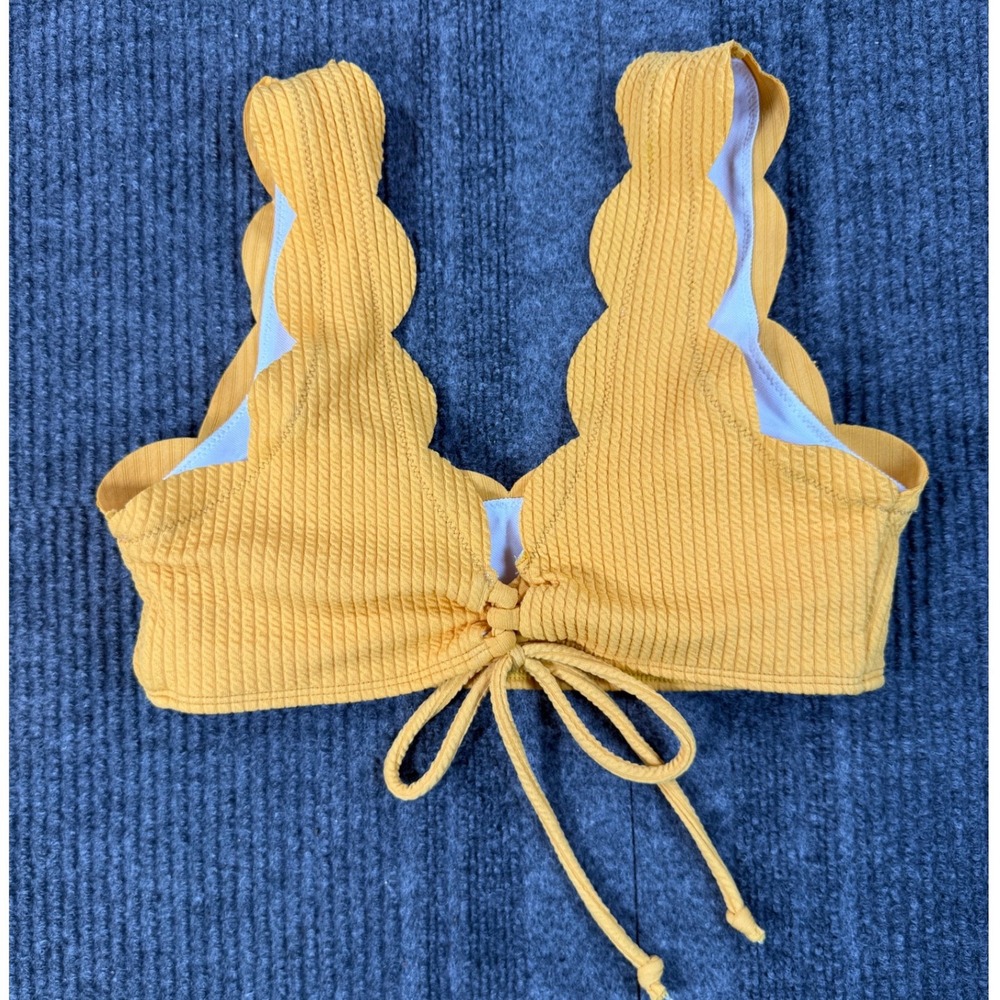 Romwe Mustard Yellow Scalloped Ribbed Lace Up Bikini Top Size Small Womens